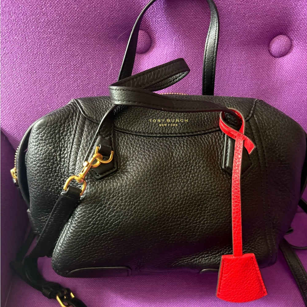 Tory Burch Black and Red Leather Perry Satchel
